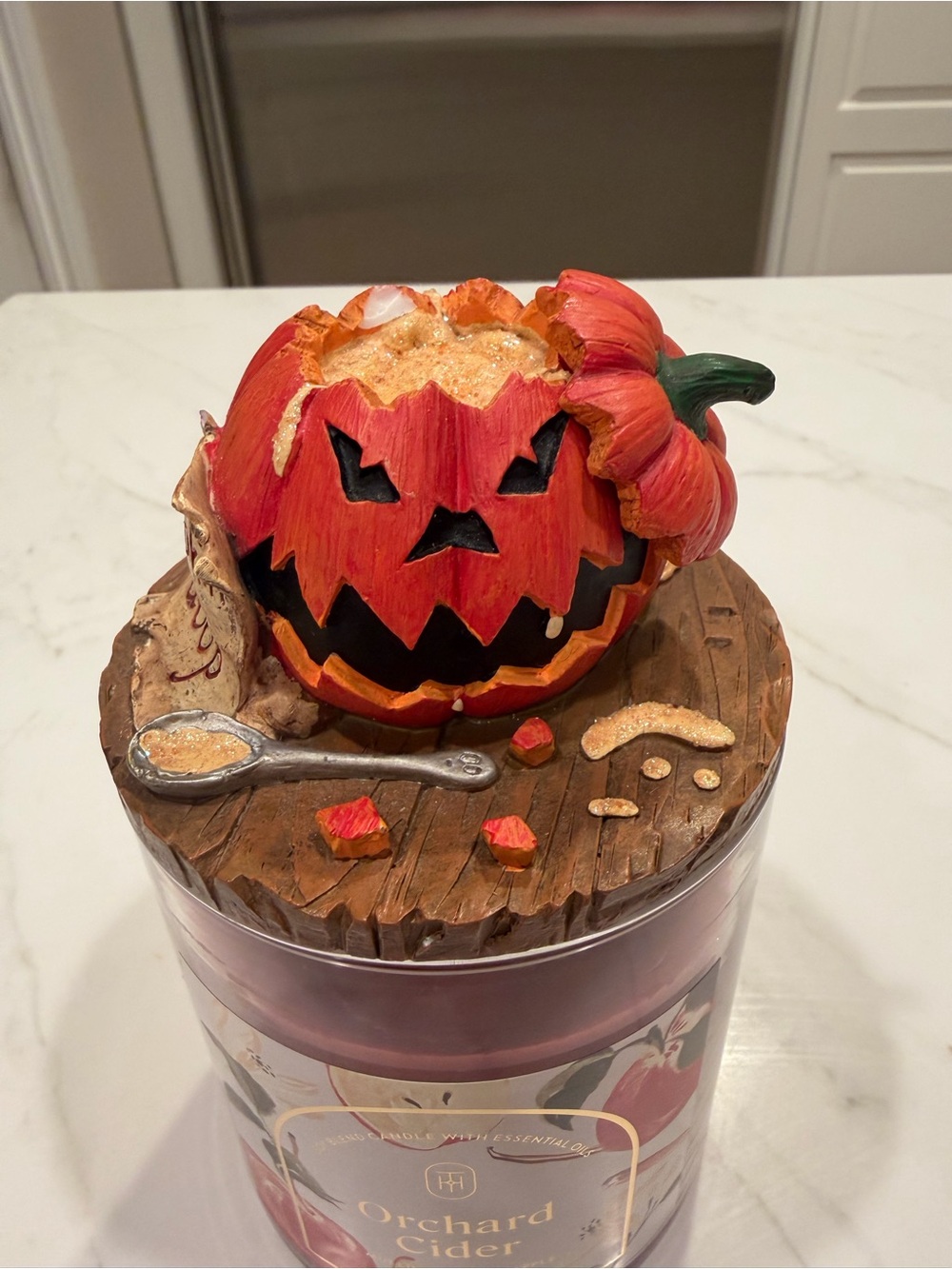 Vintage Halloween Jack-o'-Lantern Pumpkin Candle Jar Lid Topper Sculptured Resin